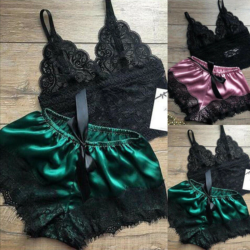 Vêtements de nuit en dentelle pour femmes, ensemble de lingerie, short en Y, pyjama Babydoll, vêtements de nuit, 2 pièces