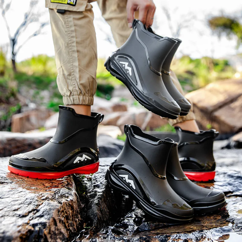 New Men Casual Waterproof Rain Boots Fashion Men Outdoor Slip-on Fishing Shoes Chef Work Ankle Boots Anti-slip Warm Water Shoes