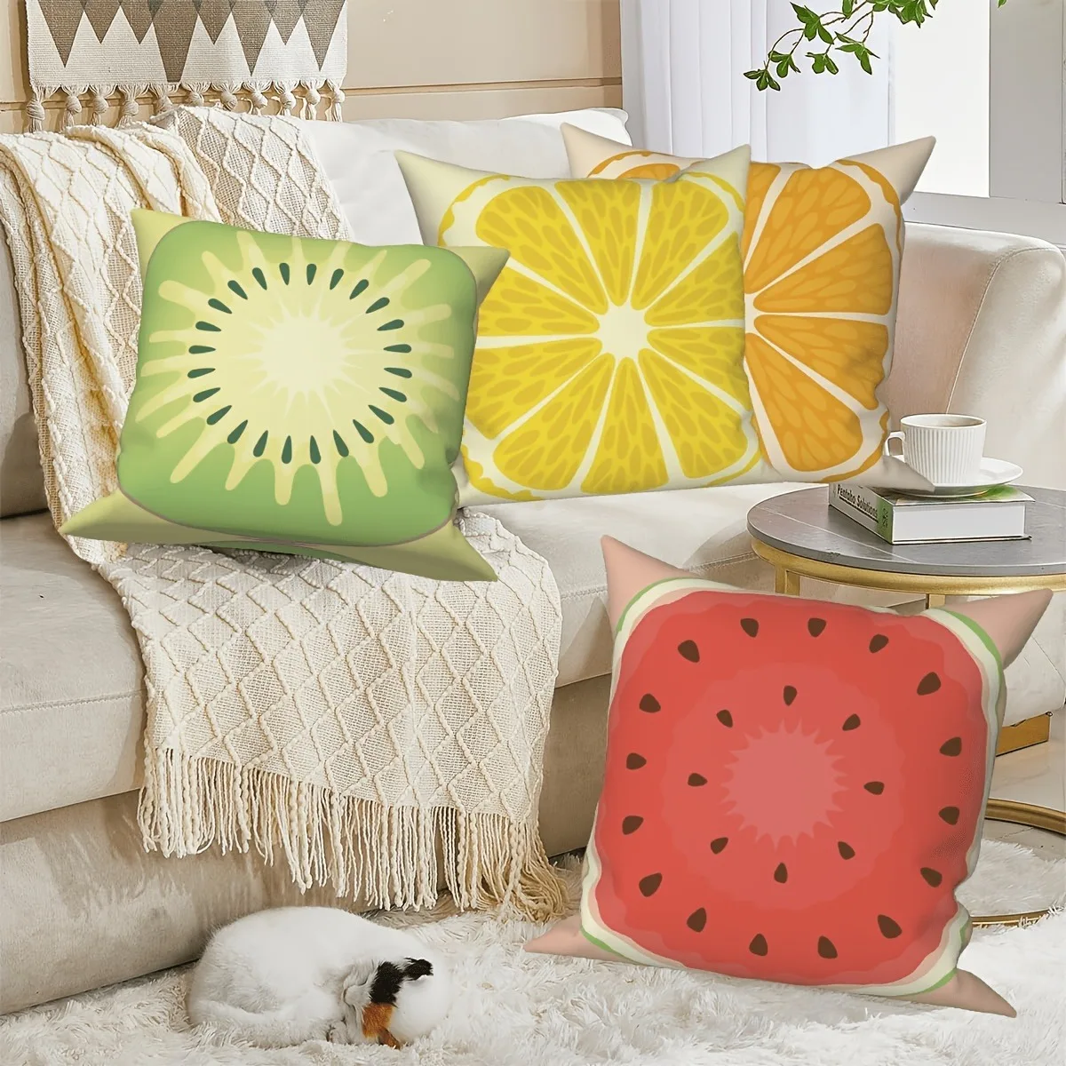 4PC Tropical Fruit Slice Throw Pillow Covers Set Green Lime Lemon Orange Watermelon Pattern Home Decor Cushion Case