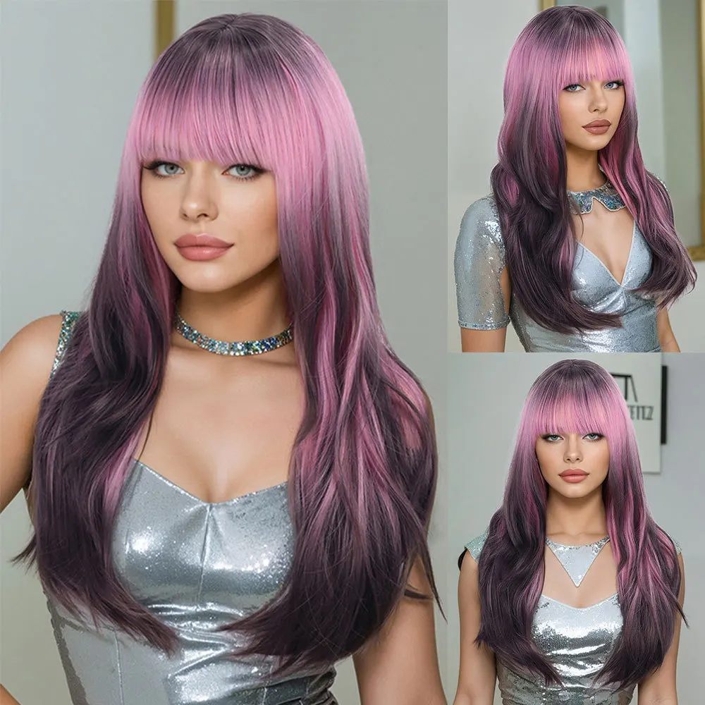Cross border European and American wig with bangs, long curly hair, gradient purple full head set wig-Synthetic fiber wig