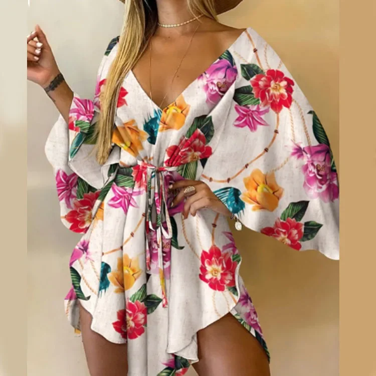 Elegant Women V Neck Printed Short Dress Batwing Sleeve Drawstring Waist Holiday Dress