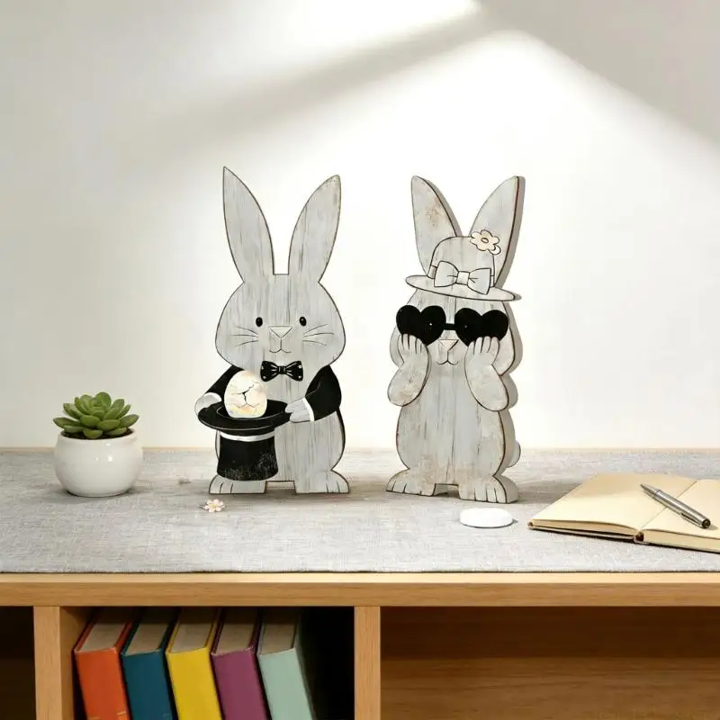 QX2E 2Pcs Wooden Rabbit Figurine Table Sign Home Decors Easter Bunnies Ornament for Spring Seasonal Holiday Decoration Gift
