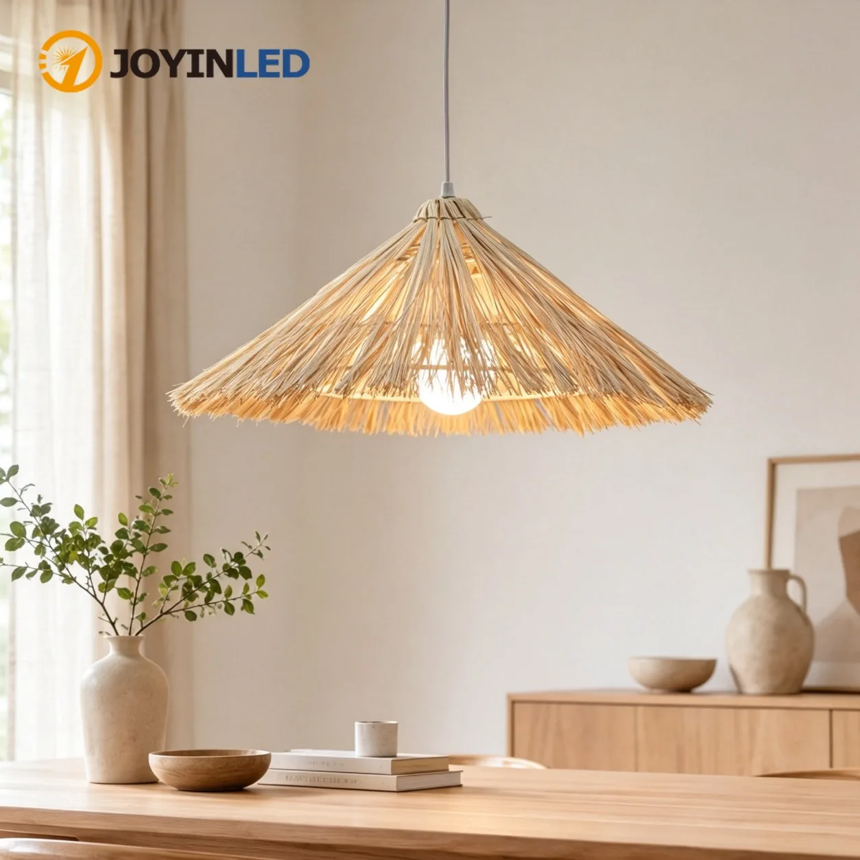 JOYINLED 50CM Rattan Pendant Lamp Beige Handwoven Wicker Hanging Light E27 Vintage Chandelier for Dining Room Living Room