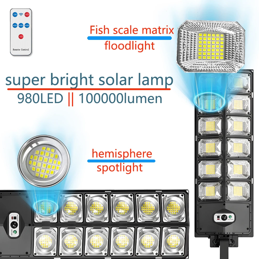 

1080LED Solar Street Light 100000LM Wall Lamp Waterproof 3-Modes Motion Sensor Garage Patio Courtyard Floodlights New Year Gifts