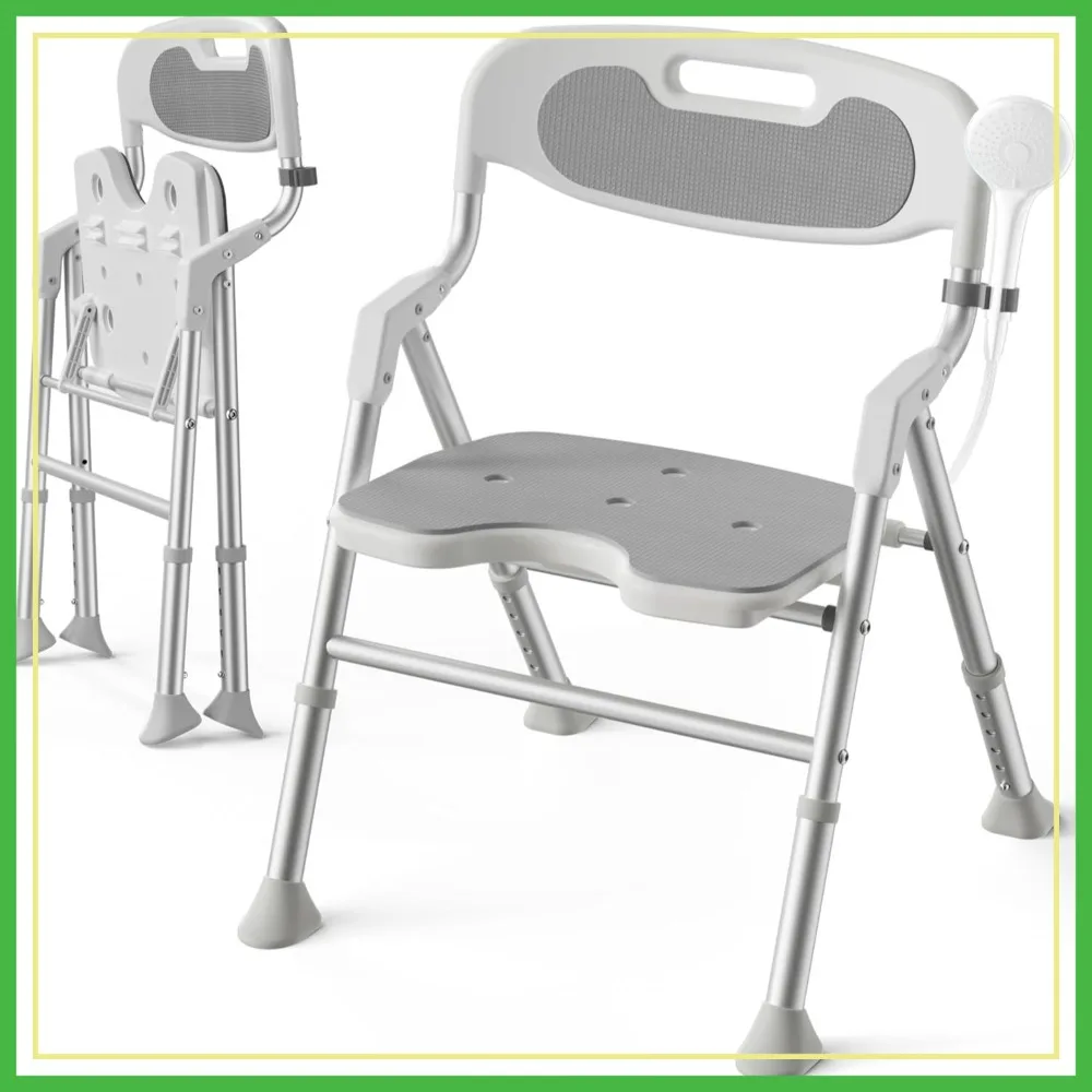 

Folding Shower Chair with Arms and Back, 400 LBS Heavy Duty Bath Seat for Elderly, 6-Level Height, Gray