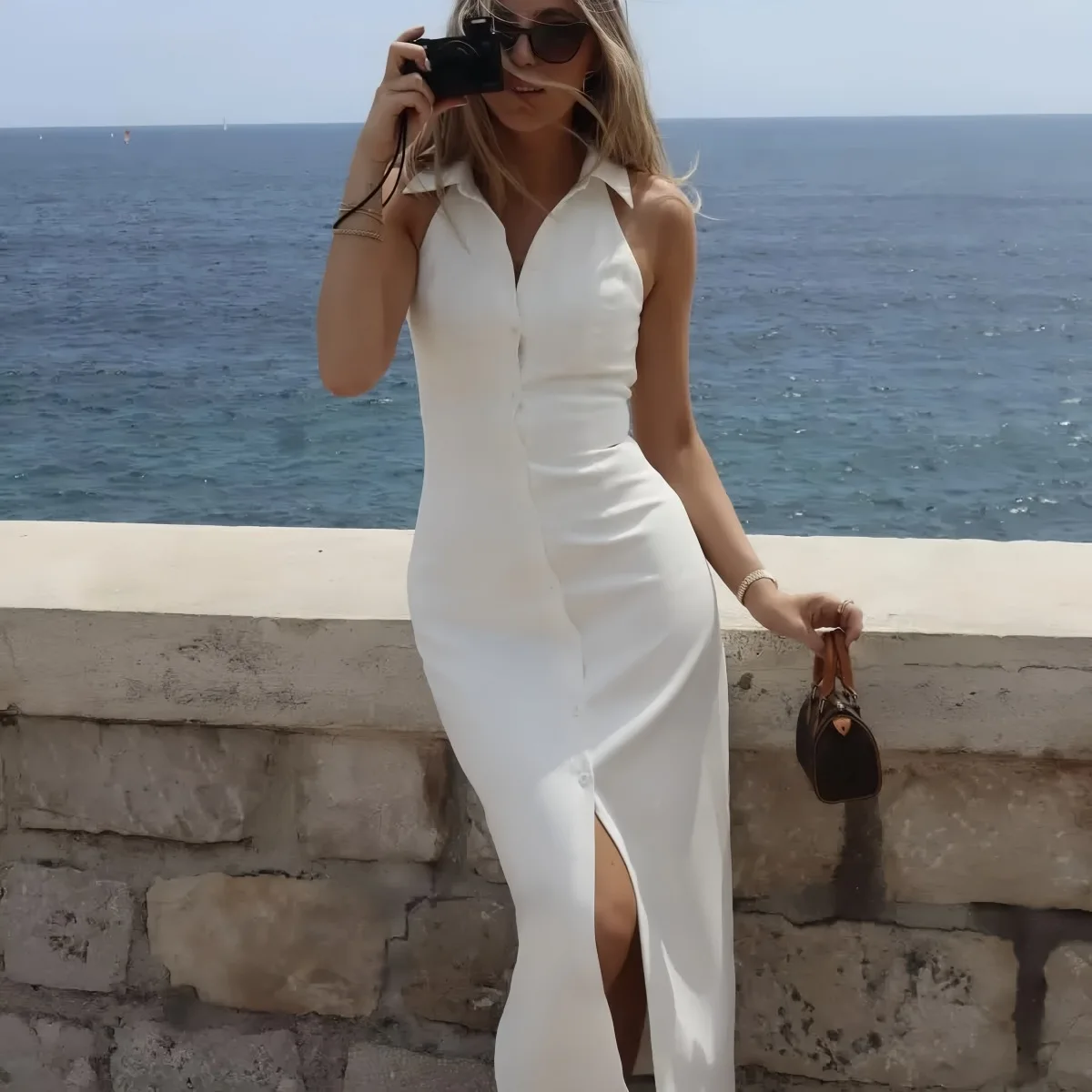 Women Button Up White Sleeveless The Ultimate Muse Collar Maxi Dress