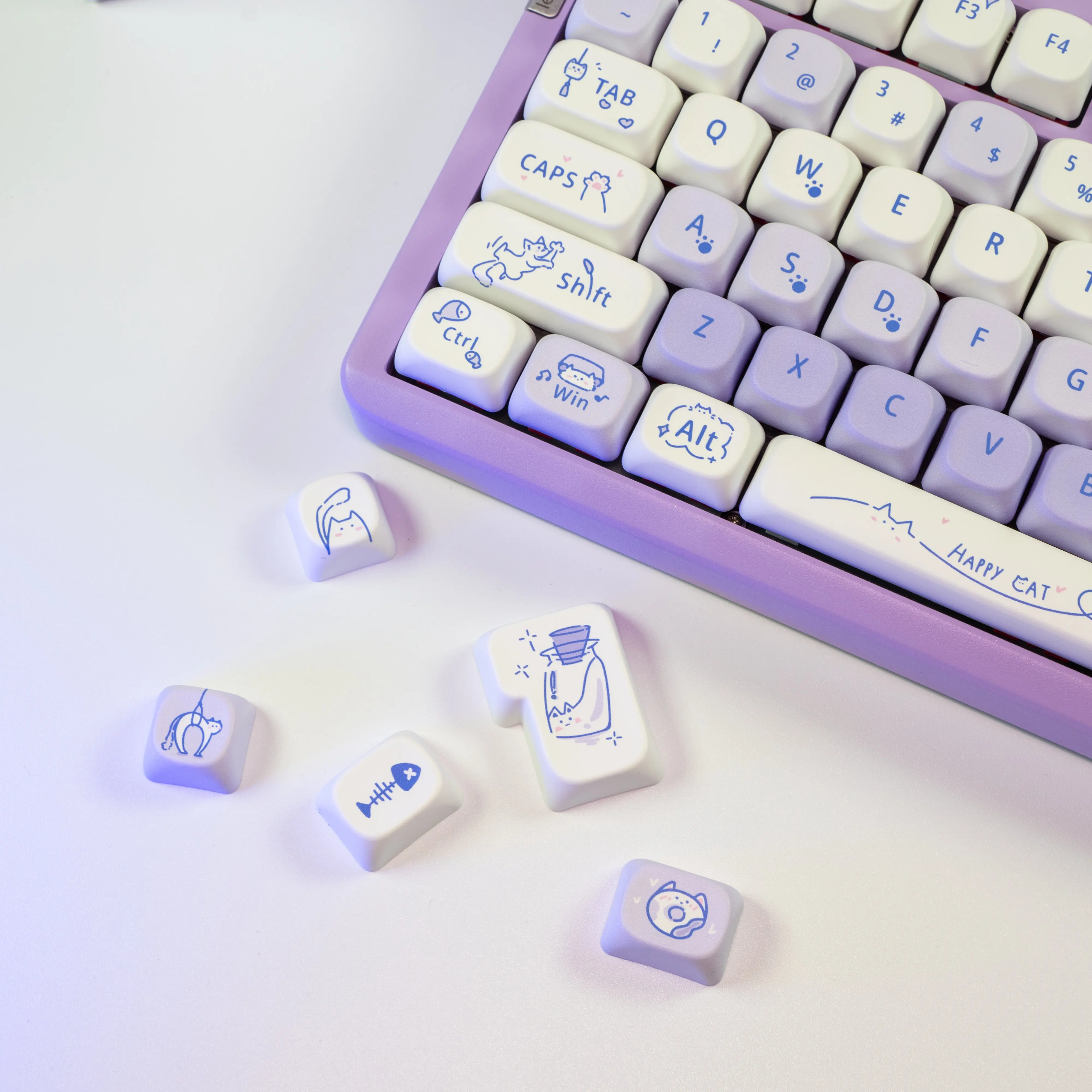 CAPWAYI Taro Cat Artisan Keycaps 130 toetsen PBT-set, MOA-profiel 5-zijdige Dye-Sub paars wit thema met metalen visgraatcadeau voor MX