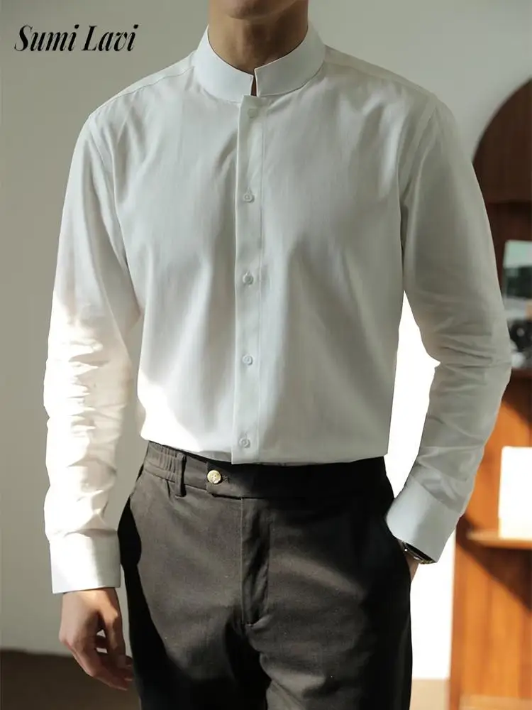 

Повседневные мужские однотонные приталенные рубашки, весенне-осенние винтажные рубашки с воротником-стойкой на пуговицах, мужская одежда, модные рубашки