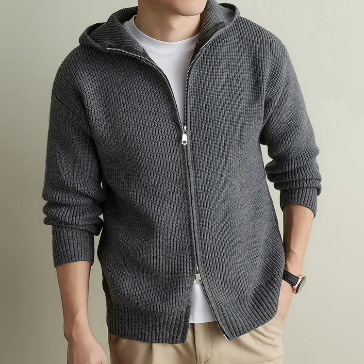 Herren-Strickjacke mit Kapuze und Reißverschluss, lässiger, locker geschnittener Pullover im Old-Money-Stil – Detail 16