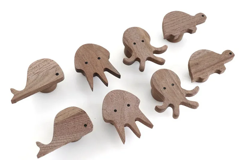 Walnut Oak Solid Wood Coat Hooks Cute Animal Children Room Decoration Wall Hook Key Holder Nordic Hanger Cat Dog Lion 4pcs/pack