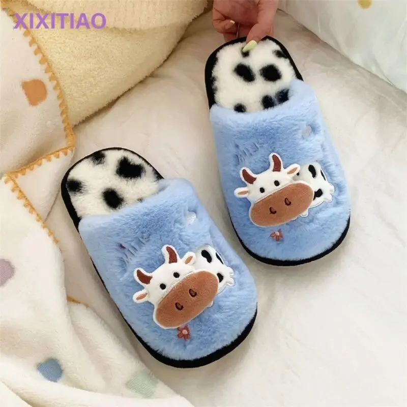 Men and women couples fur slippers with cow animal furry slippers warm faux velvet dairy cow flipflops lovers home slippers