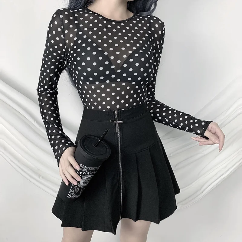 ssTss Sexy Perspective Polka Dot Long Sleeve Round Neck Triangle Bodysuit Women's Spring And Summer New Slim Underlay T-Shirt