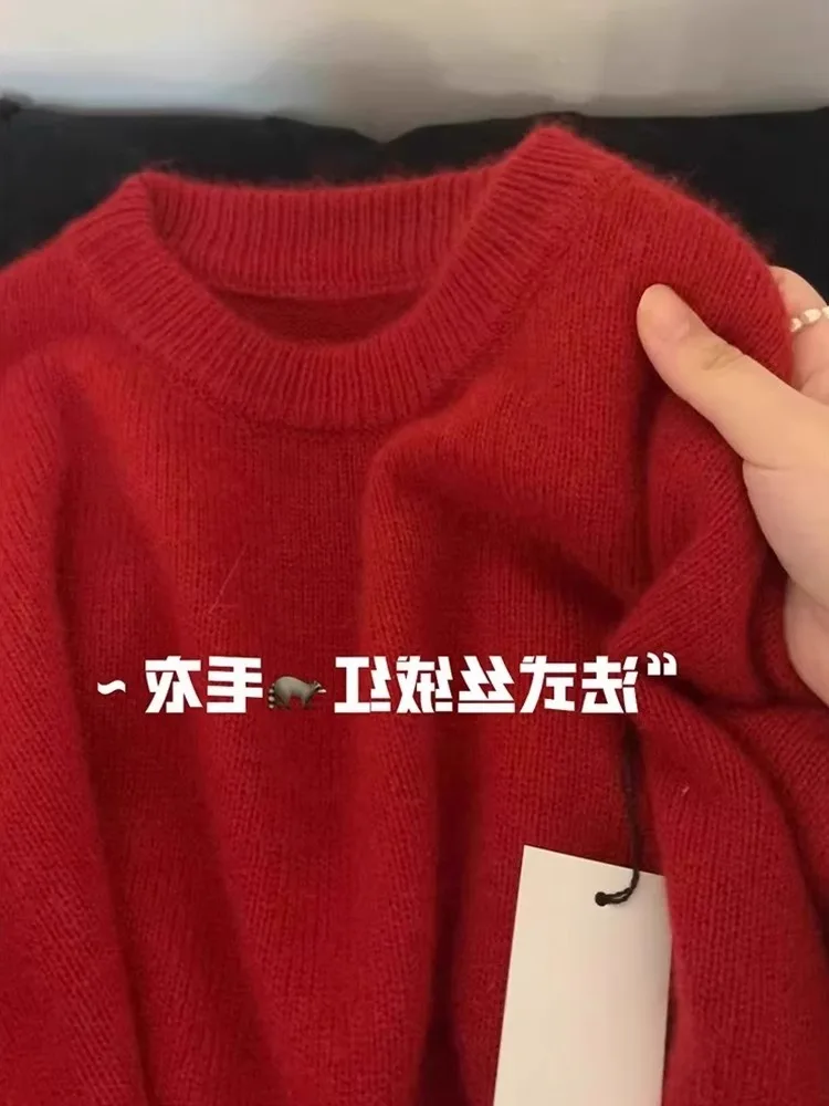 

Модный вязаный свитер в стиле ретро, женский мягкий шерстяной базовый слой, осень-зима, приятный для кожи, утягивающий трикотаж красного цвета