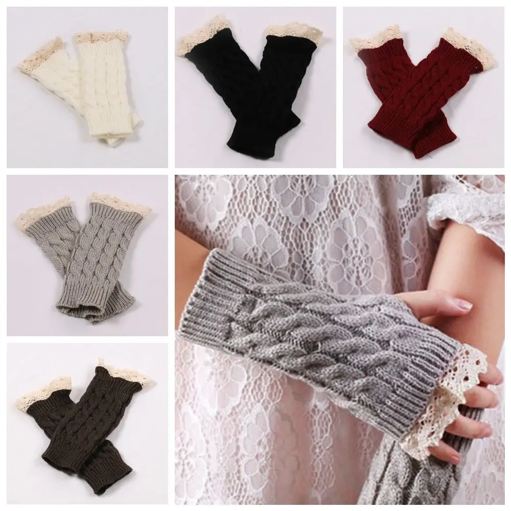 

Simple Touch Screen Winter Gloves Lace Outdoor Riding Mittens Knitted Gloves Wristband Korean Style Half Finger Gloves Men