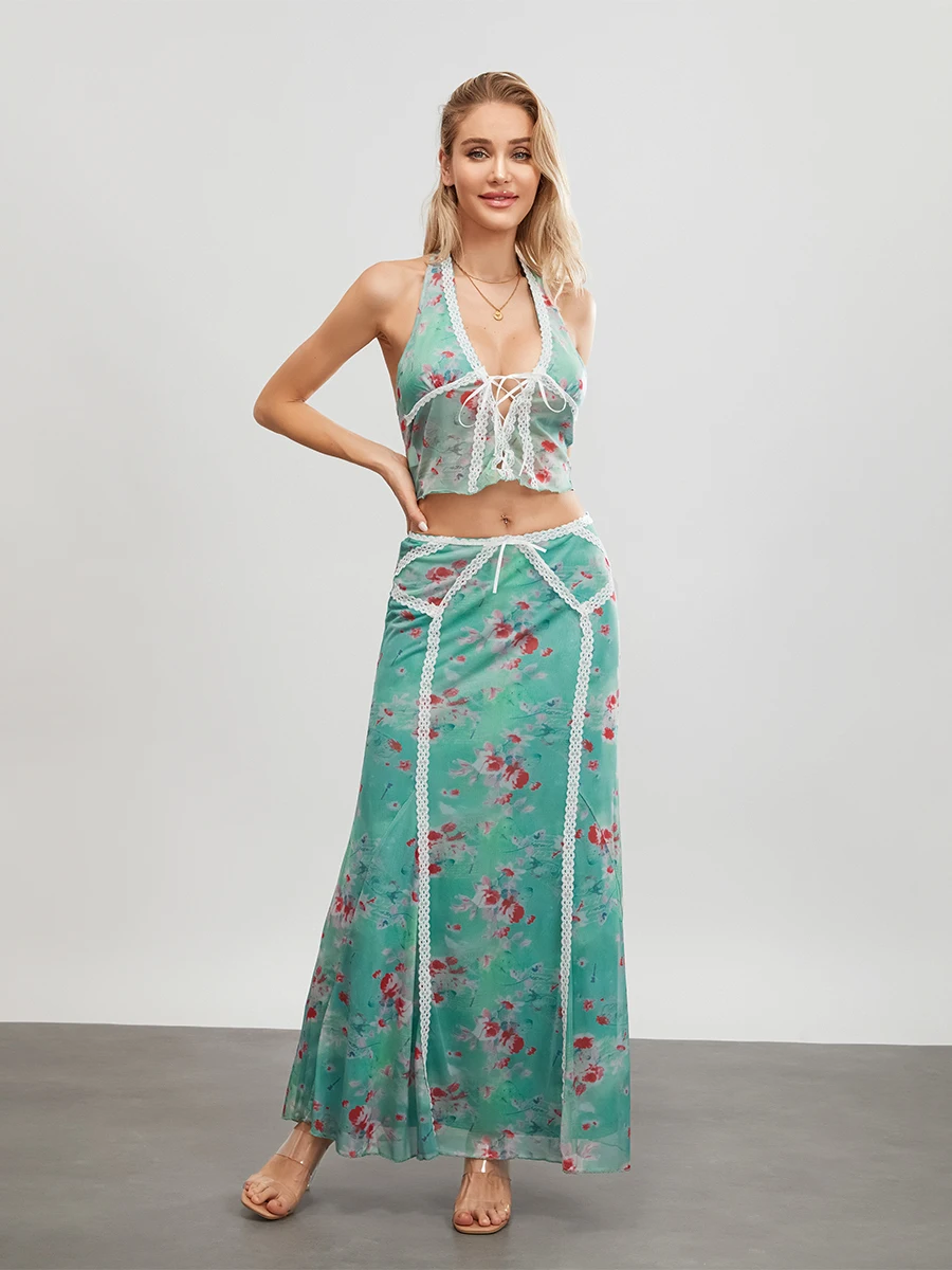 

Women Skirt Set Flower Print Sleeveless Tie-up Halterneck Backless Vest with Long Skirt Summer Outfit