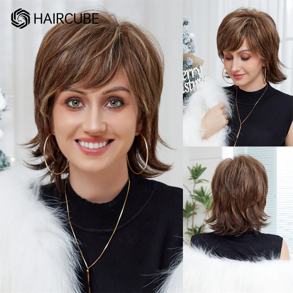 

HAIRCUBE Short Layered Straight Blend Human Hair Wigs Brown Mixed Blonde Bob Wig with Bang Human Hair Blend Wig Heat Resistant