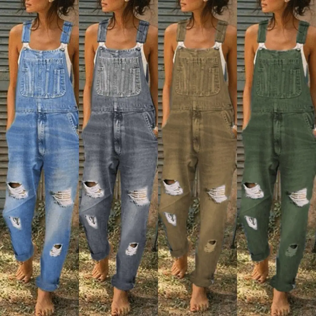 

Street Sle Sports oulder Straps Ripped Denim Jumpsuit Women's mid Stretch l Waist Light Color Cosite Fabric