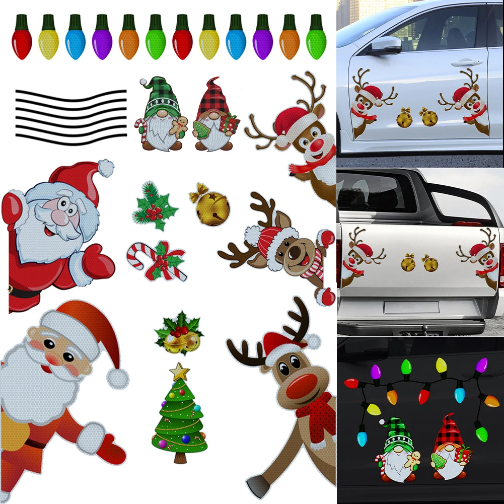 

Christmas Decoration Car Sticker Magnetic Decal Refrigerator Magnets Light Bulb Santa Claus Snowman Reflective Sticker Car Decor