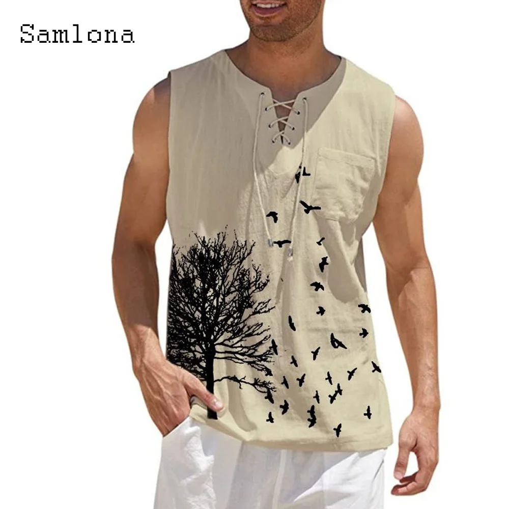 Plus Size 4xl 5xl Mens Boho Tree Birds Print Shirts 2022 Summer Bandage Tops Men Sleeveless Blouse Male Pullovers Casual Shirt