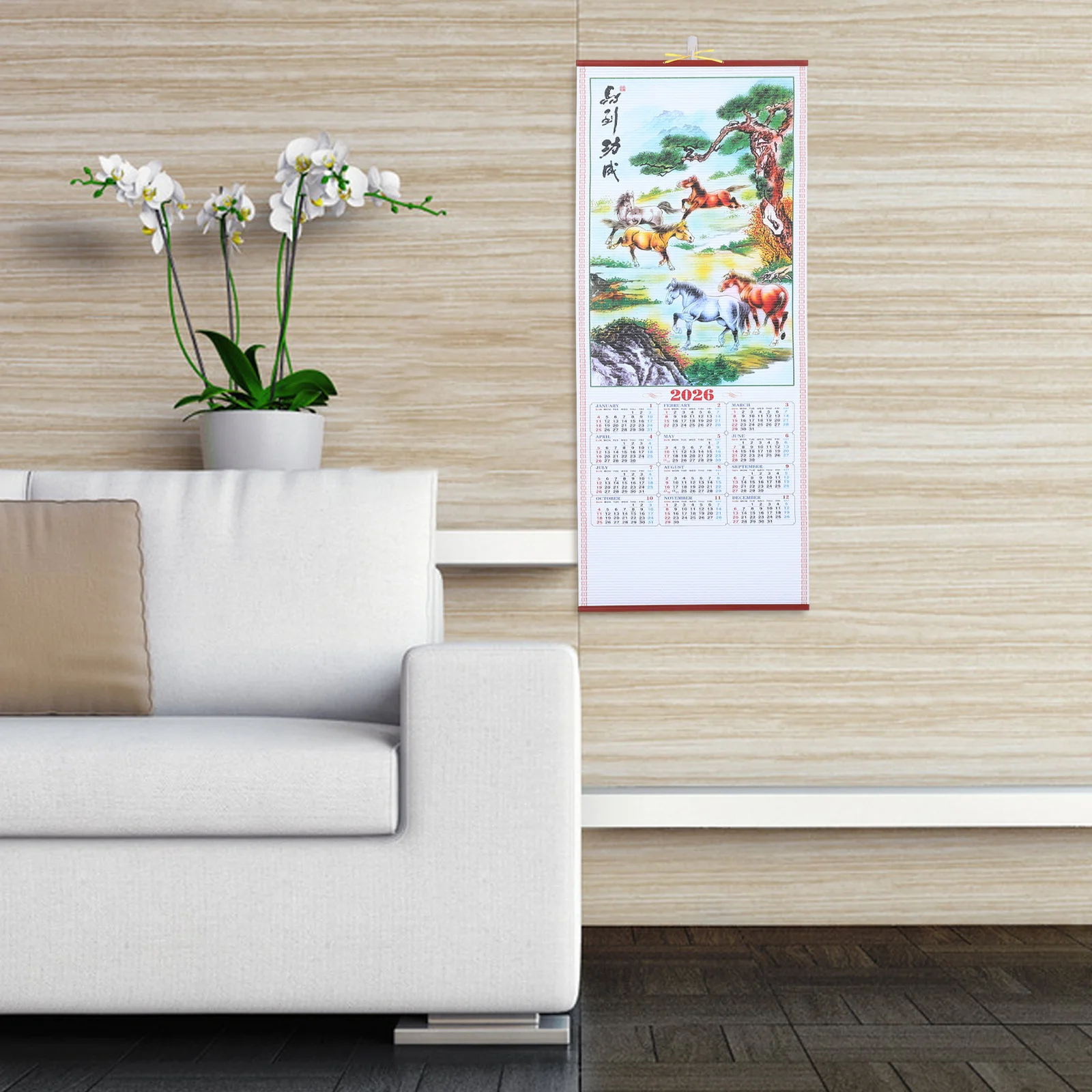 

2026 Horse Year Faux Rattan Hanging Scroll Calendar Chinese New Year Wall Decor Unique Theme Versatile Decoration Living Room