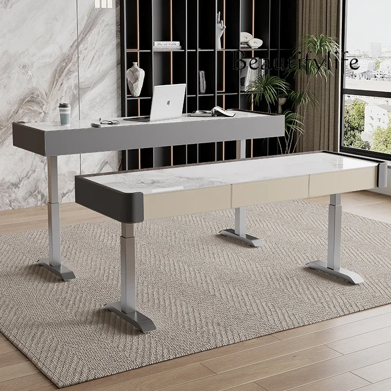 

N49 Italian minimalist electric lifting desk light luxury rock slab home desk bedroom solid wood computer desk