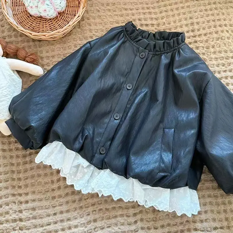 

Forest Series Girls' Leather Jacket Lace & Patchwork Detail Autumn Outerwear New Style Baby Girl Coat Kids Fashion