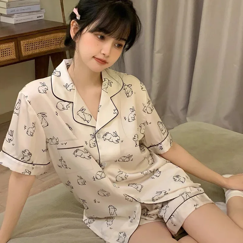 

Rabbit Print Sleepwear Women Pajama Sets Korean Style Summer Piiama 2 Pieces Night Wears for Sleeping Student Cute Home Suit