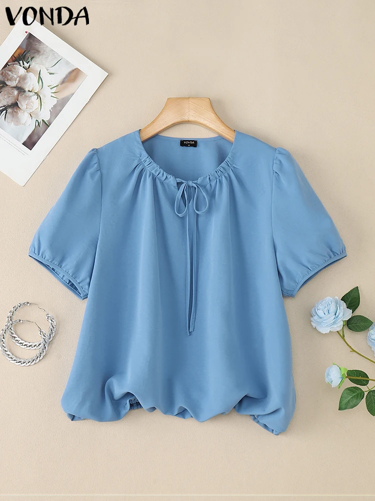 VONDA Mode Zomer Korte Mouw Blouses Vrouwen Tuniek Tops Bandage O-hals Casual Solid Losse Elegante Kantoor Koreaanse Zoete Blusas