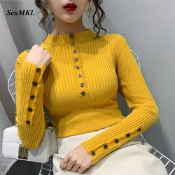 Women Buton Winter Pullovers 2024 Fashion Casual Long Sleeve Sweaters Korean Clothes Slim Sexy Elegant Basic White Black Sweater