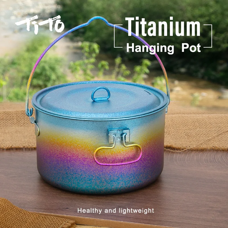 

TiTo 1950ML Hanging Pot with Foldable Handle Oxidized Crystal Surface Rainbow Titanium Pot Camping Pot Picnic Portable Tableware