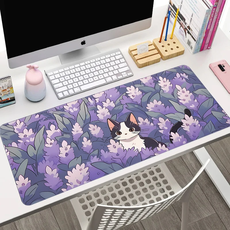 Cute Cat in Lavender Mouse Pad Large Computer Office Game Table Mat XXL Rubber Anti-slip Gaming Keyboard Mousepad Long Desk Pads