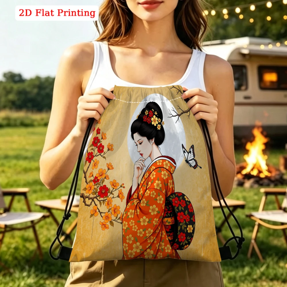Japanese Ukiyo-E Geisha & Cherry Blossoms 2D Flat Print Drawstring Backpack for Fitness Sports Outdoor Travel