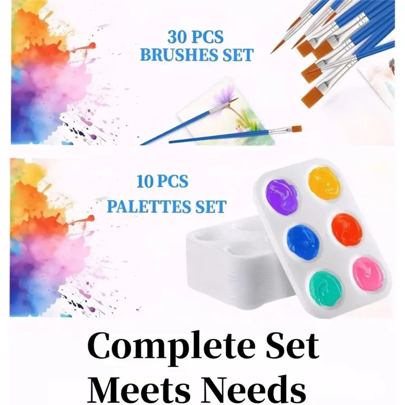 Exquisite-30 Pcs Small Paint Brushes Bulk And 10 Palettes 15Pcs Flat & 15Pcs Pointed Paint For Oil Acrylic, Watercolor Painting