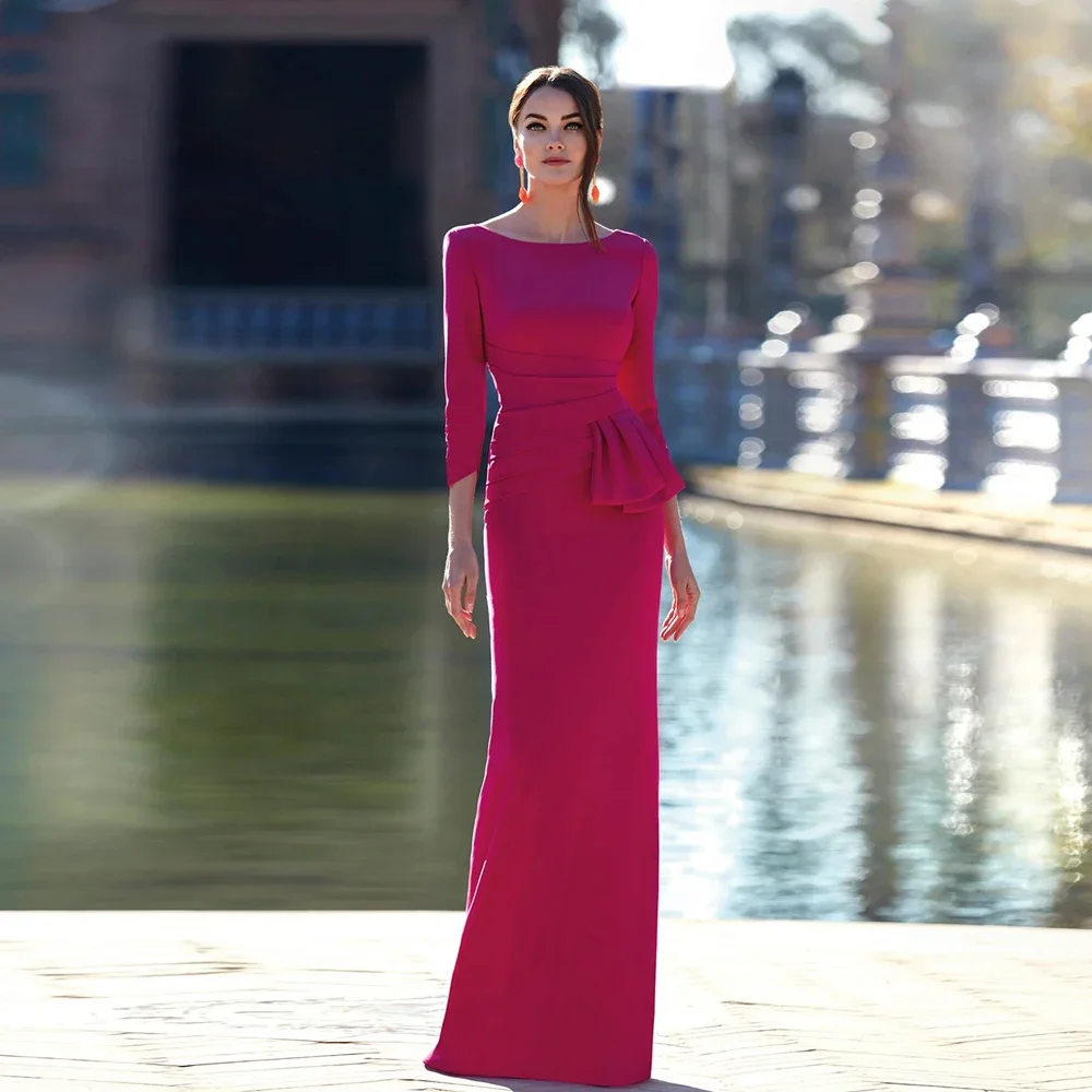 Vestidos Elegantes de sirena para madre de la novia, vestidos de fiesta de boda con cuello de Joya, mangas 3/4, plisado, Floor-Length2024