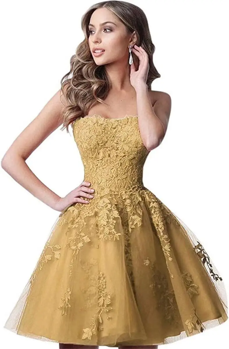 

Кружевное шифоновое бальное платье для школы, трапециевидное бальное вечернее платье без бретелек без бретелек, официальное коктейльное платье, короткое