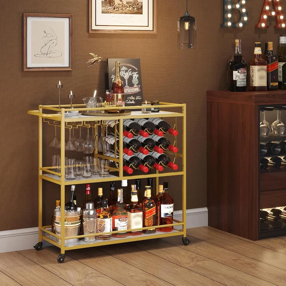 

Bar cart, 3-tier beverage cart with locking wheels, 12 wine racks and 3 rows of glass racks, hall passengers, service carts