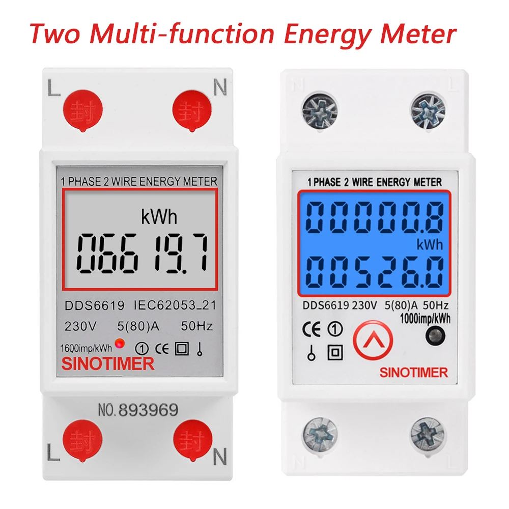 Din Rail Single Phase Energy Meter LCD Digital Backlight kWh Power Consumption Meter Wattmeter Electricity 120V/230V Reset Zero