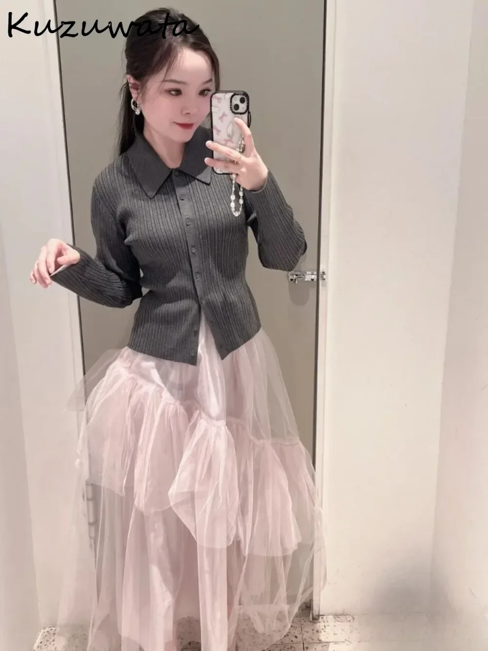 Kuzuwata Advanced Fresh Knit Slim Set Jumper Mesh Cake Ruffles High Waist Skirt Japan Gentle French Literary Suit Mujer Dress