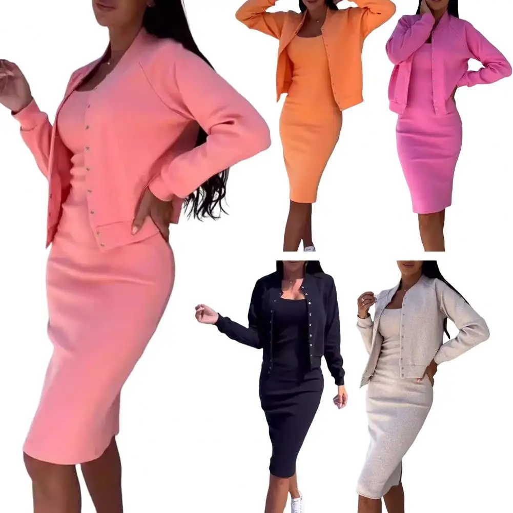 Women Coat Dress Set Elegant Office Attire Set Single-breasted Jacket Skinny Slip Dress For Women Autumn Midi Dress Set For Work