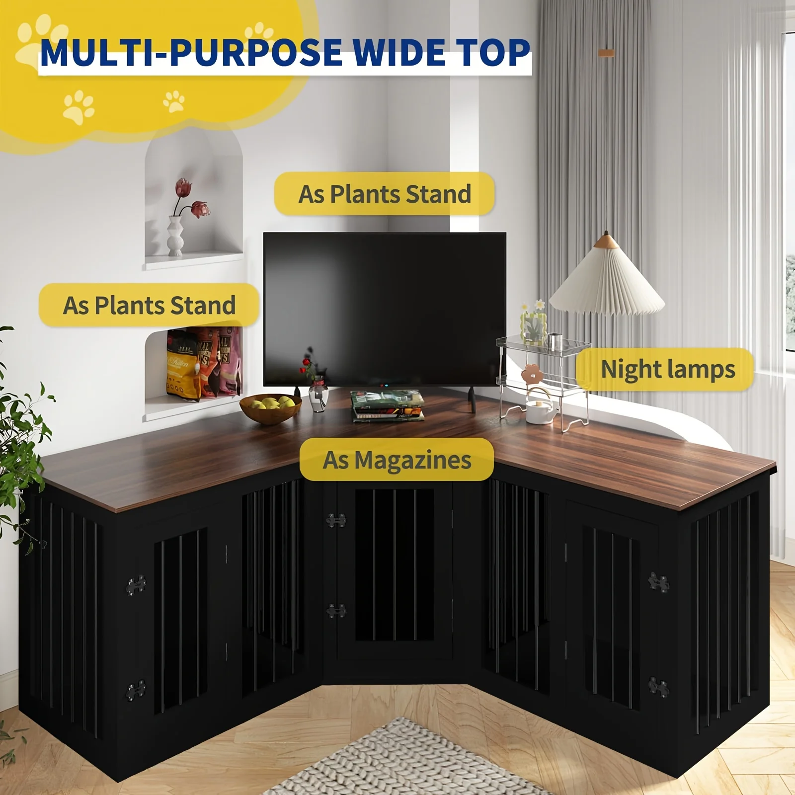 

Dog Crate Furniture Large Breed TV Stand, Large Dog Crate Furniture for 3 Dogs, 113'' Corner Dog Crate with Divider, Wooden Indo