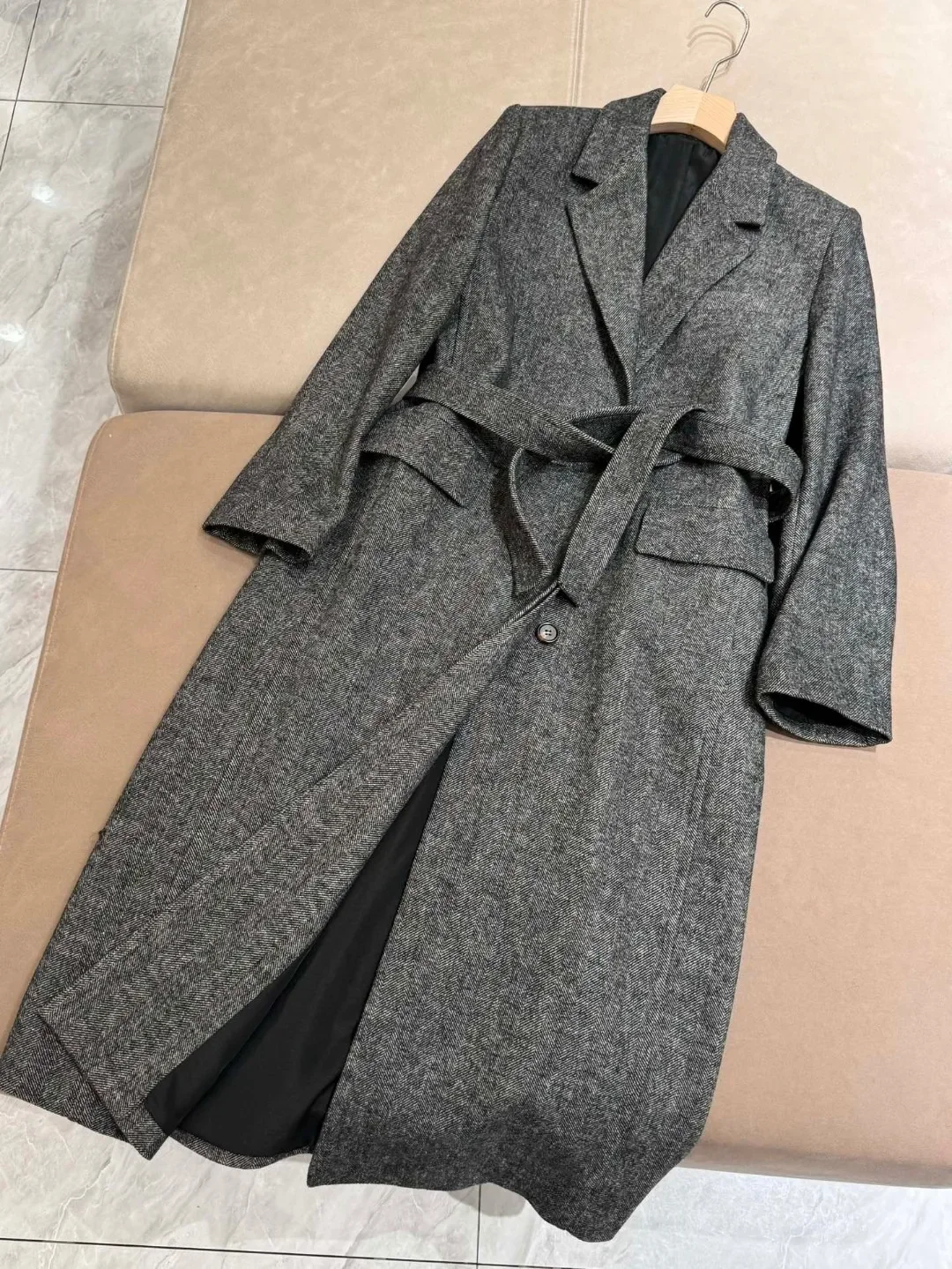 Autumn Winter Women Herringbone Wool Jacket Notched Single Breasted Long Sleeve Vintage Female Mid-Length Coat