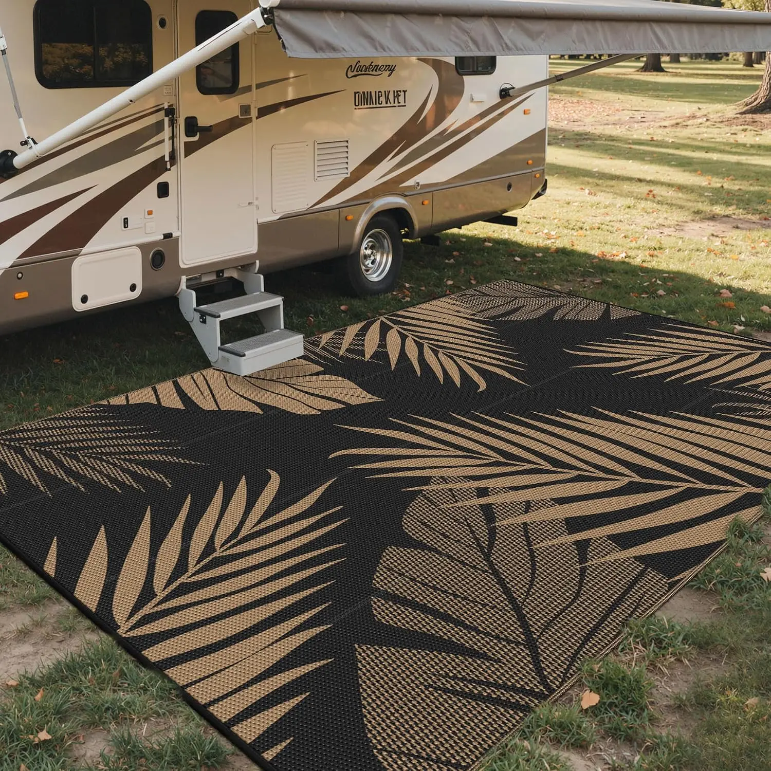 Outdoor Rug, Waterproof Plastic Rugs 10'x14' for Camping Black Brown | Outside Larger Leaf Carpet Mat for Patio Decor, RV, Porch