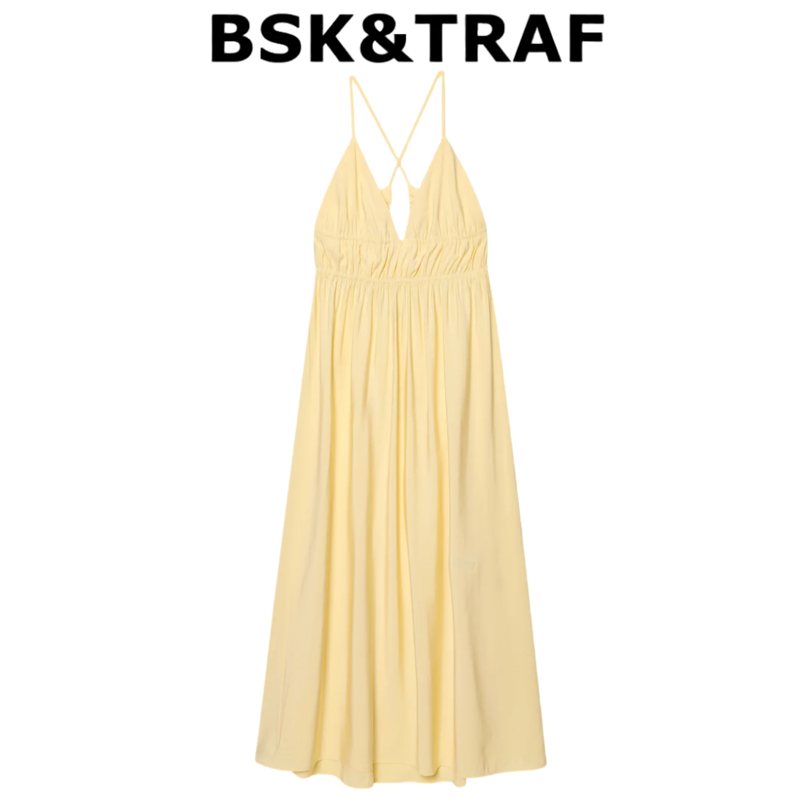 

BSK&TRAF2025 Summer New Arrivals Women's Elegant Casual Drape V-Neck Suspender Midi Dress 4772/365