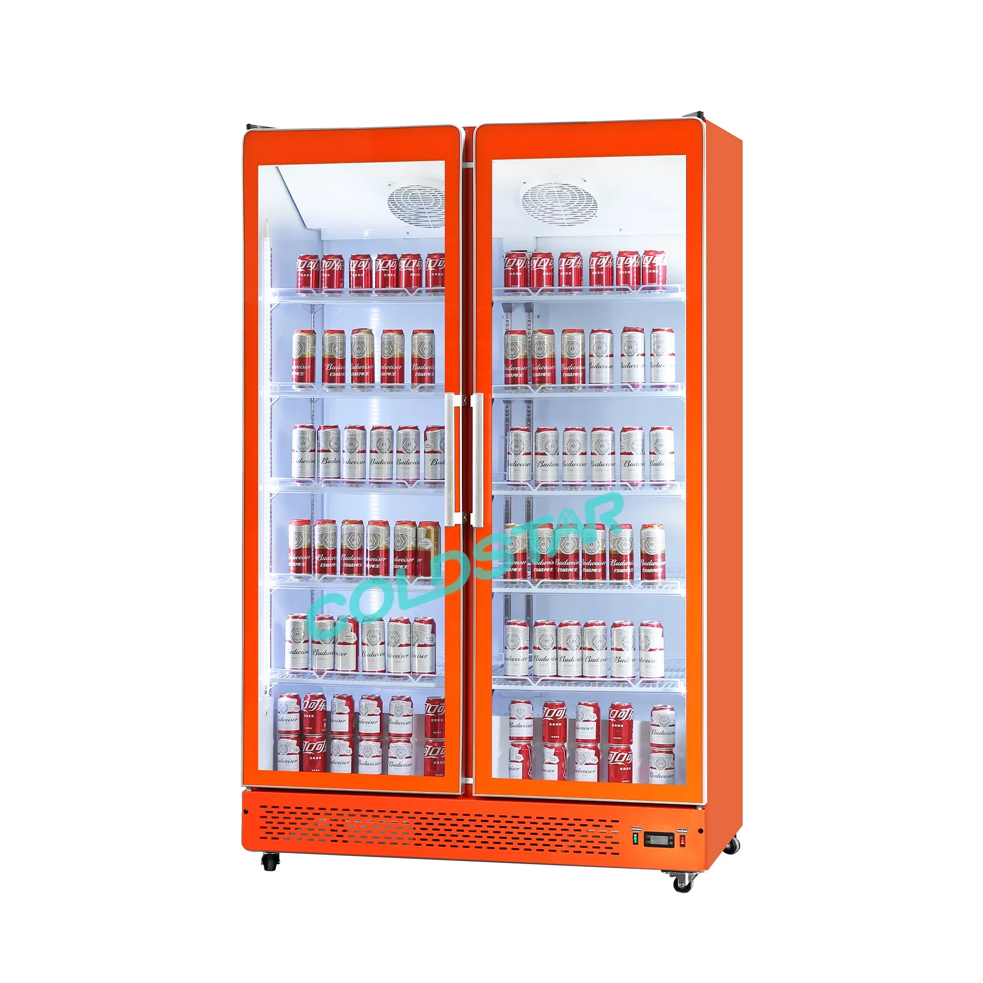 معدات التبريد التجارية ذات الباب المزدوج، عرض المشروبات الباردة، ثلاجة عرض زجاجية للسوبر ماركت