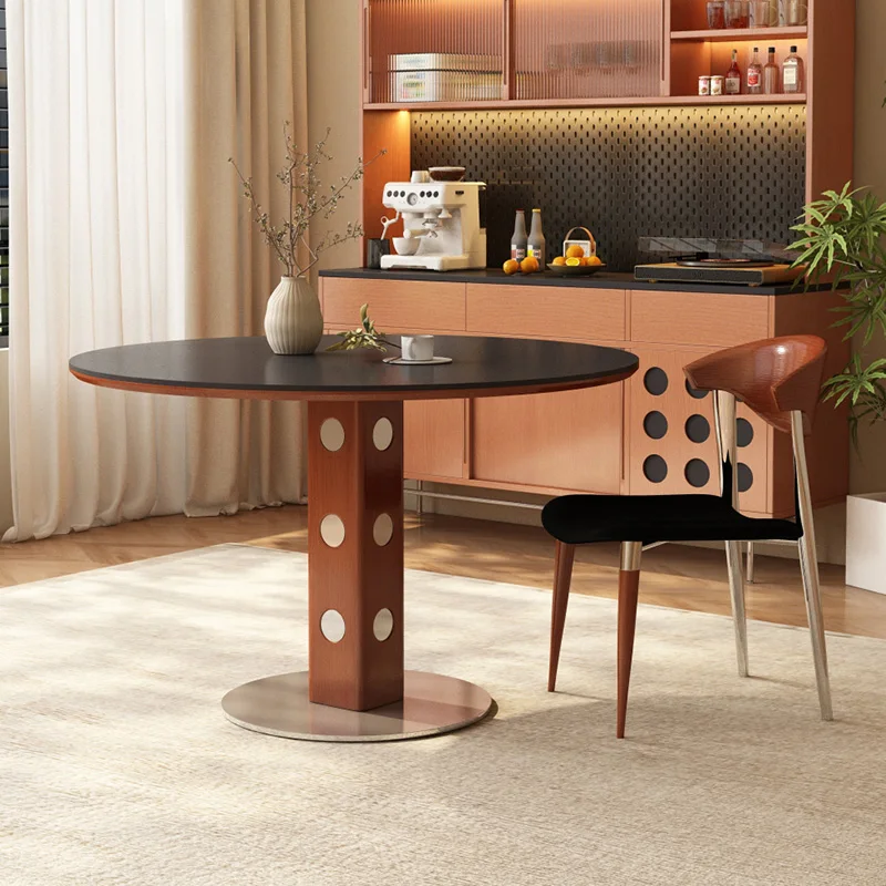 

Vintage Round Dining Tables with Rock Slab Surface Stylish Space-Saving Kitchen Table Sturdy Wood Leg Table for Home Dining Room