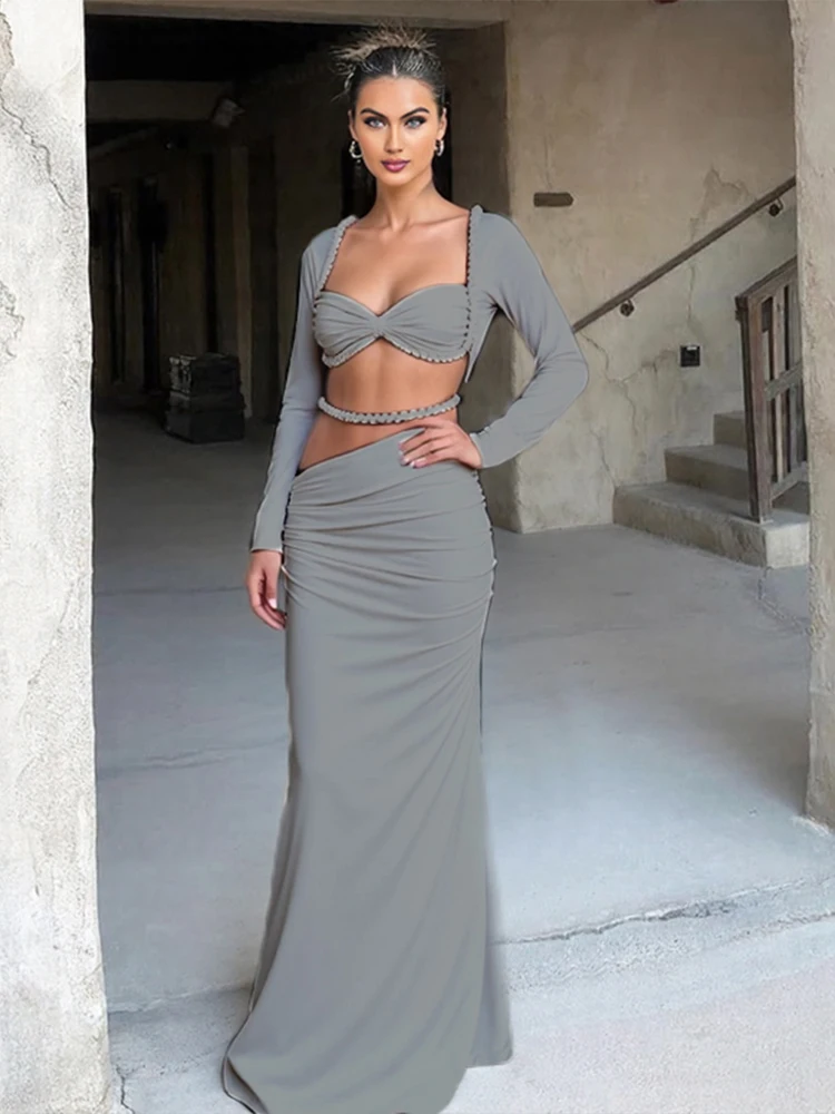 Sisterlinda-Conjunto Sexy de 2 piezas para mujer, Tops cortos de manga larga con espalda descubierta y cuello cuadrado fruncido + falda elástica, trajes de fiesta de tendencia
