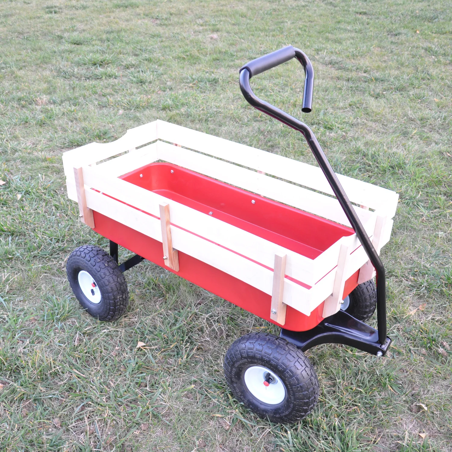 

Outdoor Wagon All Terrain Pulling Wood Railing Air Tires Children Kid Garden (RedRed+white)