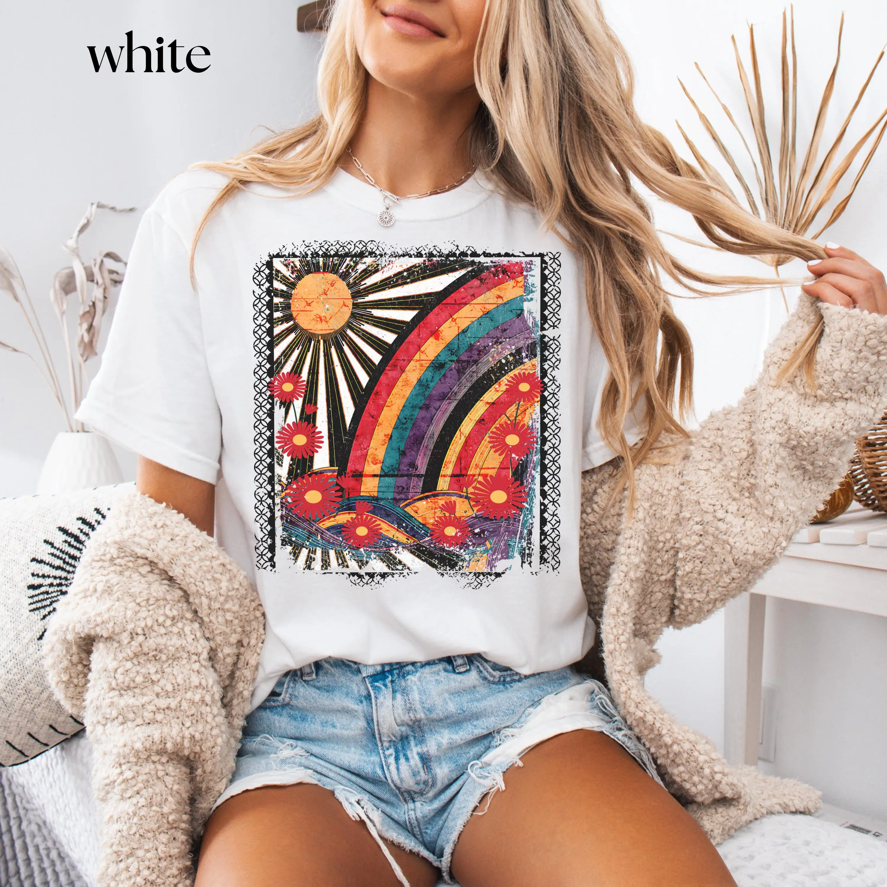 2026 Summer Women's Retro Rainbow Sunshine T-Shirt Unisex Cotton and Breathable Short Sleeve Oversized Loose Casual
