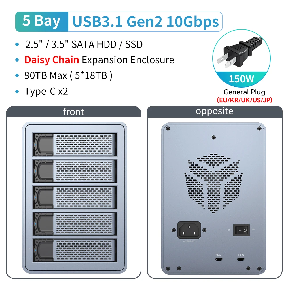 【Free Shipping From Overseas Warehouse】Yottamaster 5 Bay 90TB RAID externe harde schijfbehuizing 150W vermogen met koelventilator 2,5 "3,5" SATA HDD SSD harde schijfopslag