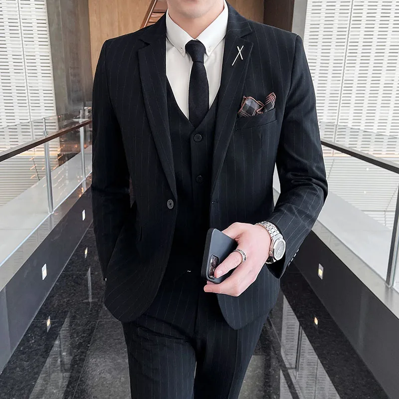 

Мужской костюм-тройка для повседневной носки и свадебных торжеств, в полоску, деловой повседневный стиль, городской шик, с длинным рукавом, полиэстер